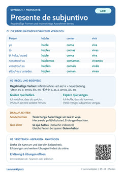 Spanisch Lernkarte: Presente de subjuntivo – Grundformen (PDF)