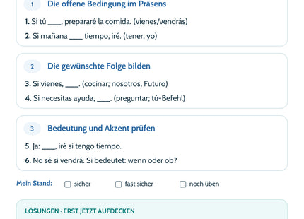 Spanisch Lernkarte Reale Si-Sätze – Selbstcheck mit sechs Aufgaben und Lösungen