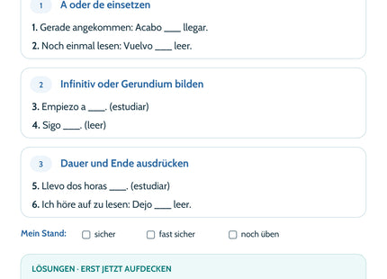 Spanisch Lernkarte Verbalperiphrasen – Selbstcheck mit sechs Aufgaben und Lösungen