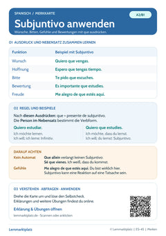 Spanisch Lernkarte: Subjuntivo anwenden – Wünsche, Bitten und Gefühle (PDF)
