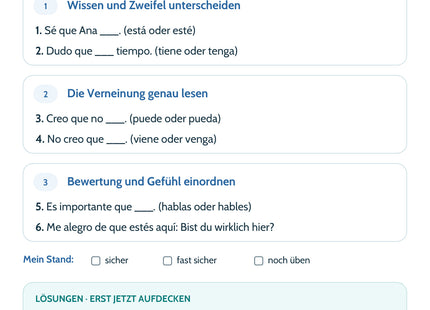 Spanisch: Indicativo oder Subjuntivo? – Selbstcheck mit sechs Aufgaben und Lösungen