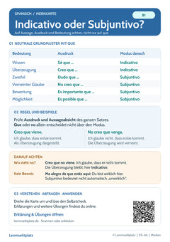 Spanisch Lernkarte: Indicativo oder Subjuntivo? – den Modus wählen (PDF)
