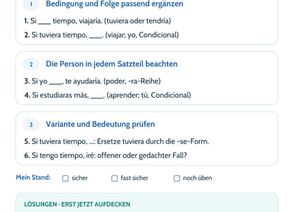 Spanisch: Gedachte Si-Sätze – Selbstcheck mit sechs Aufgaben und Lösungen