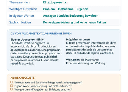Spanisch: Einen resumen schreiben – Schreibplan, Muster und Checkliste