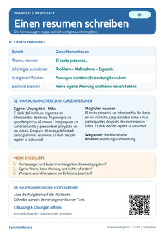 Spanisch Lernkarte: Einen resumen schreiben – Schreibtraining (PDF)