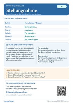Spanisch Lernkarte: Stellungnahme – Schreibtraining (PDF)