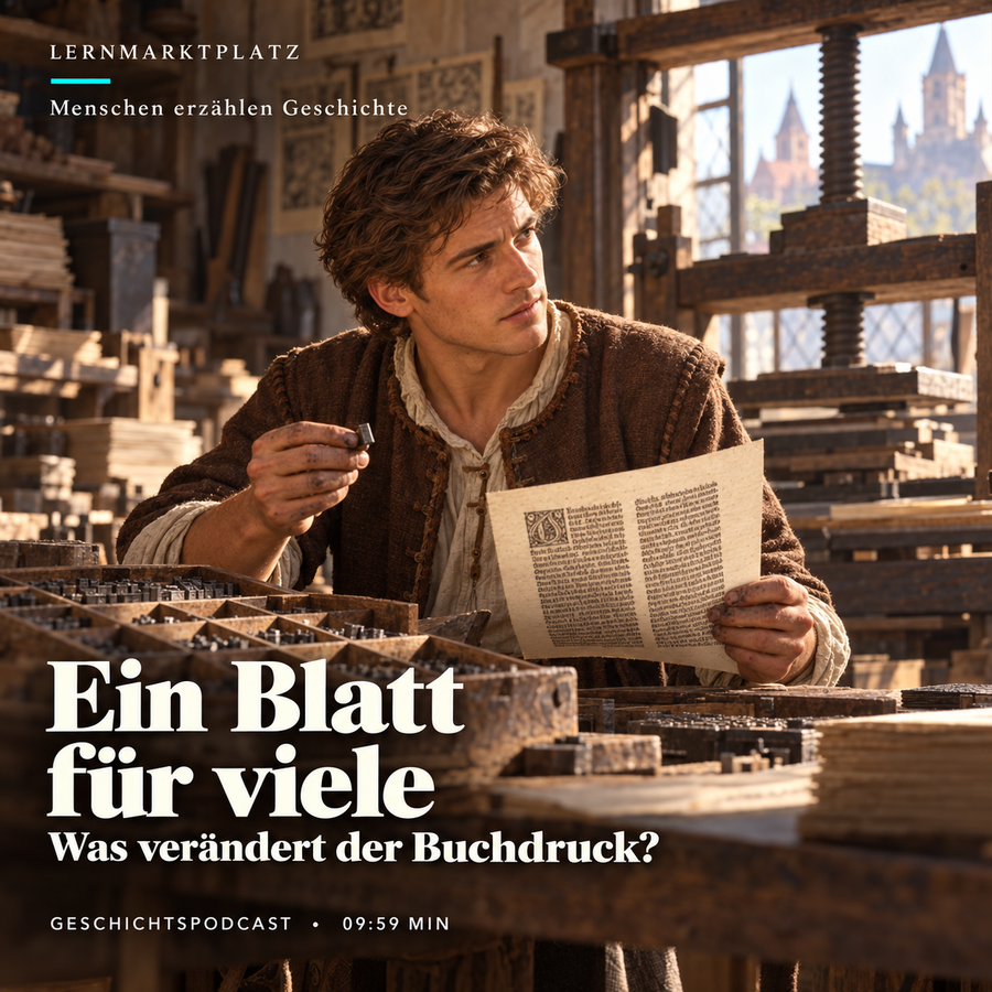 Ein Blatt für viele – Druckergeselle Lukas. KI-Illustration, keine historische Quelle.