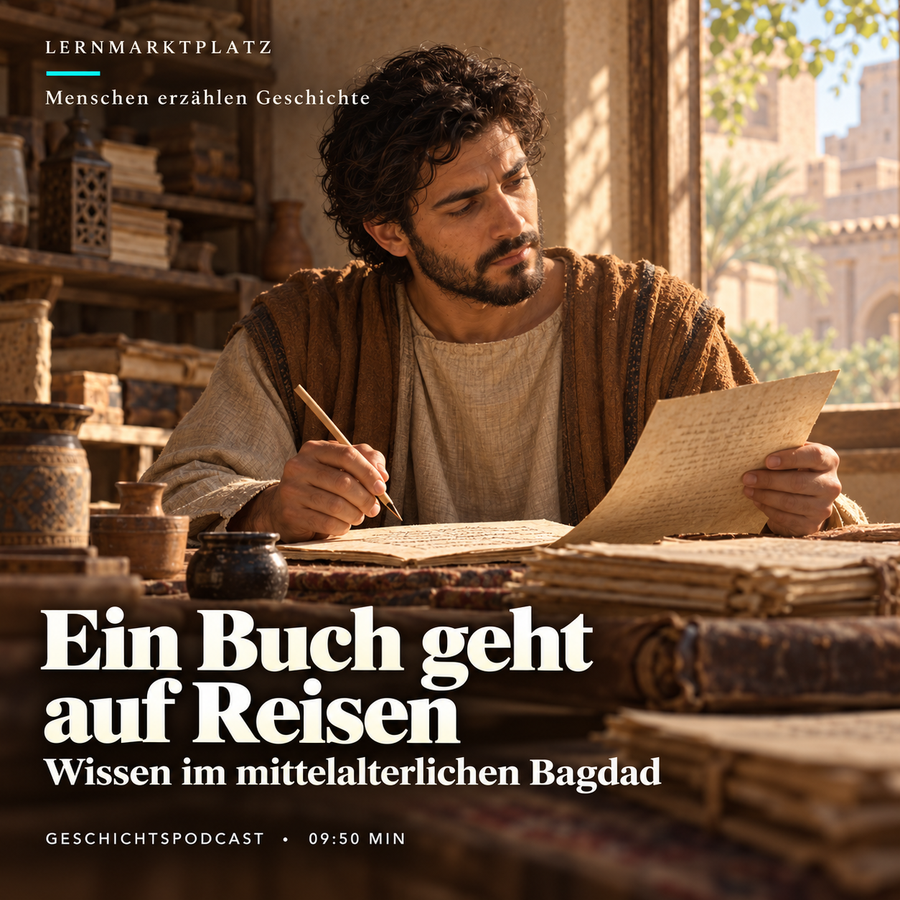 Ein Buch geht auf Reisen – Wissen im mittelalterlichen Bagdad. KI-Illustration des erfundenen Kopisten Yusuf; keine historische Bildquelle und keine Darstellung der Handschrift Or 6670.