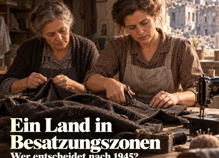 Ein Land in Besatzungszonen – erfundene Schneiderin Erna und ihre Mutter beim Umarbeiten eines Mantels. KI-Illustration, keine historische Aufnahme.
