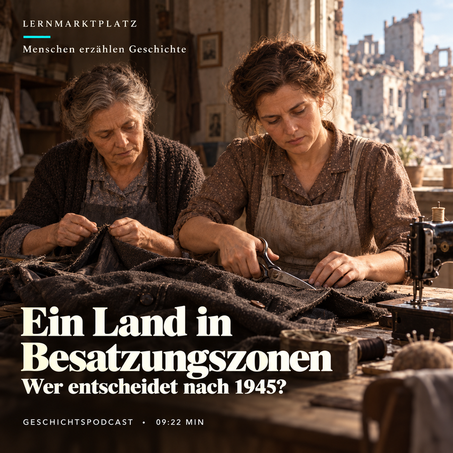 Ein Land in Besatzungszonen – erfundene Schneiderin Erna und ihre Mutter beim Umarbeiten eines Mantels. KI-Illustration, keine historische Aufnahme.