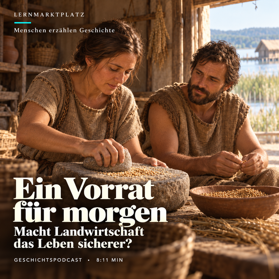 Ein Vorrat für morgen – KI-Illustration der erfundenen Rika und eines weiteren Gemeindemitglieds beim Mahlen und Sortieren von Getreide, Bodensee um 3900 v. Chr.