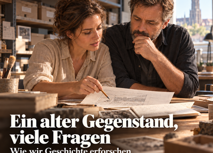 Ein alter Gegenstand, viele Fragen – Menschen erzählen Geschichte, Folge 41, 9:12 Minuten. KI-Illustration einer erfundenen heutigen Forschungsszene mit Mira und Otto.