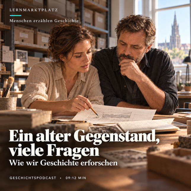 Ein alter Gegenstand, viele Fragen – Menschen erzählen Geschichte, Folge 41, 9:12 Minuten. KI-Illustration einer erfundenen heutigen Forschungsszene mit Mira und Otto.