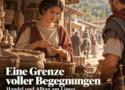 KI-Illustration: die erfundene Händlerin Albina zählt Münzen neben einem Getreidesack im Lagerdorf bei der Saalburg um 200 n. Chr. Eine Grenze voller Begegnungen – Geschichtspodcast, 9:25 Minuten.