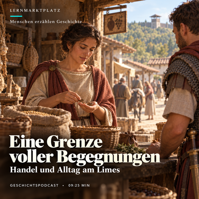 KI-Illustration: die erfundene Händlerin Albina zählt Münzen neben einem Getreidesack im Lagerdorf bei der Saalburg um 200 n. Chr. Eine Grenze voller Begegnungen – Geschichtspodcast, 9:25 Minuten.