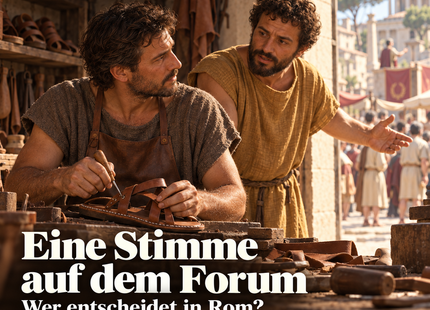 Eine Stimme auf dem Forum – KI-Illustration des erfundenen Schuhmachers Marcus und seines Nachbarn in Rom um 110 v. Chr.; keine Darstellung einer formellen Abstimmung.