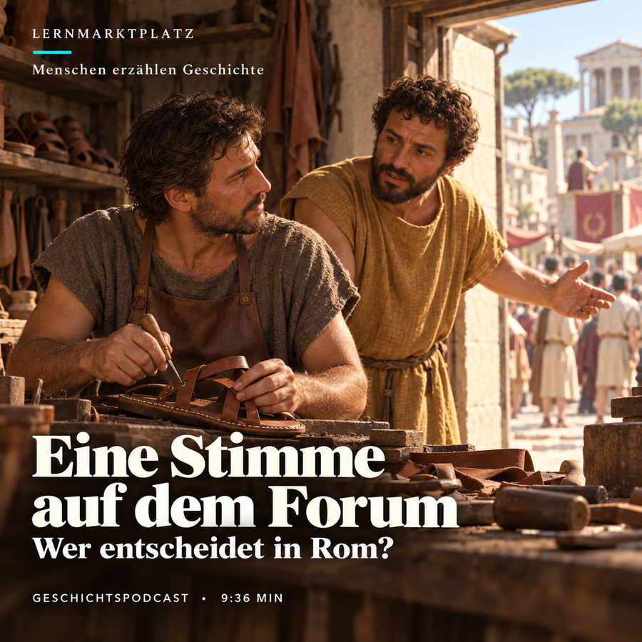 Eine Stimme auf dem Forum – KI-Illustration des erfundenen Schuhmachers Marcus und seines Nachbarn in Rom um 110 v. Chr.; keine Darstellung einer formellen Abstimmung.