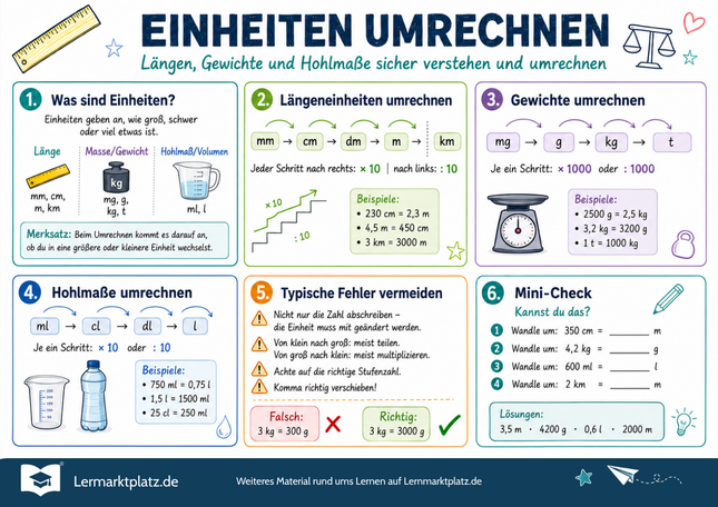 Einheiten umrechnen – Längen, Gewichte & Hohlmaße verstehen – Lernposter / Lernplakat als PDF