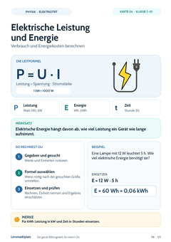 Elektrische Leistung und Energie – Physik-Lernkarte (kostenloses PDF)