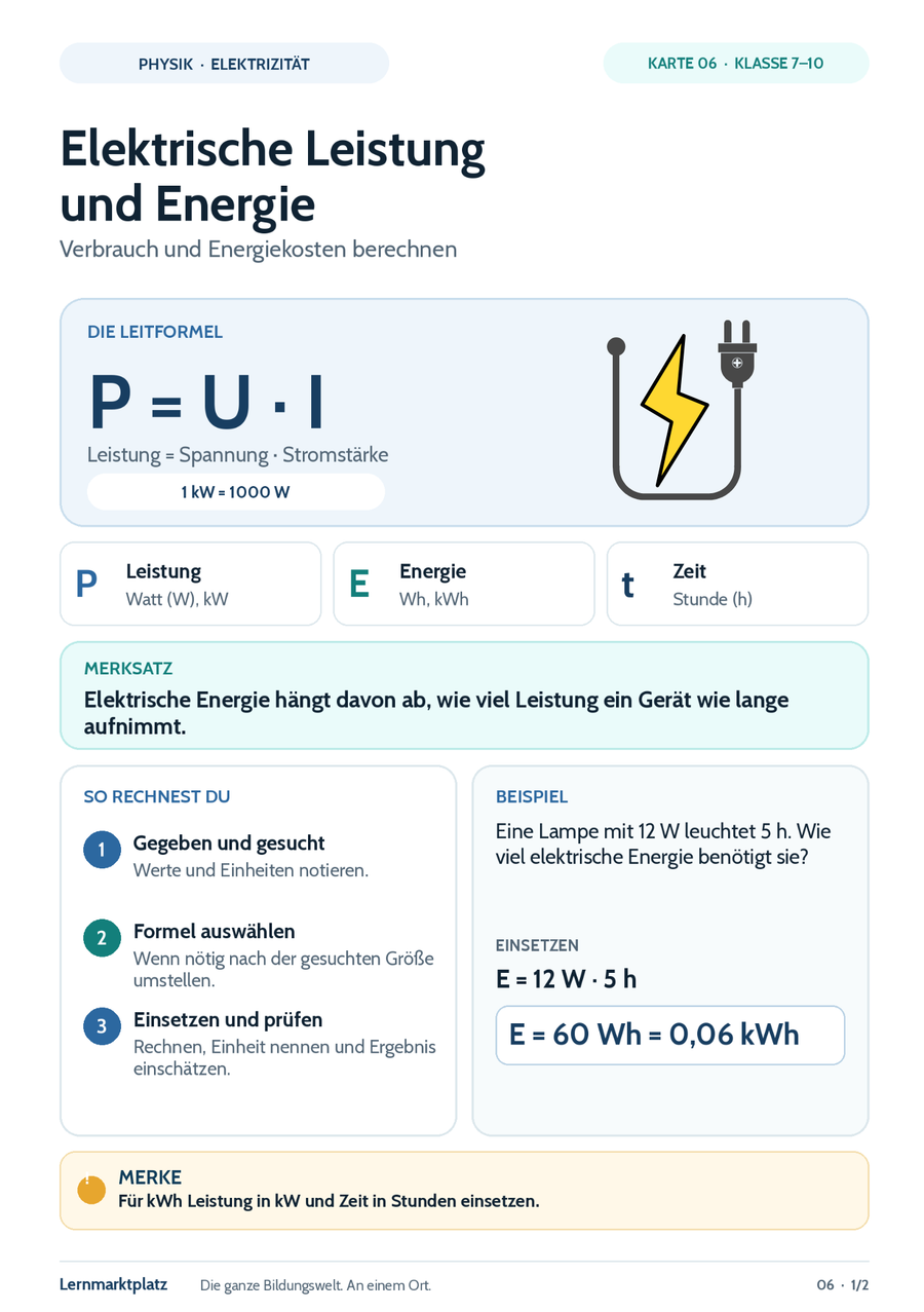 Elektrische Leistung und Energie – Physik-Lernkarte (kostenloses PDF)