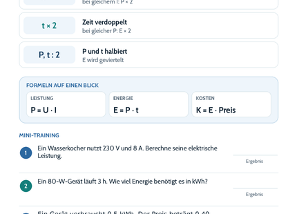 Elektrische Leistung und Energie – Physik-Lernkarte (kostenloses PDF)