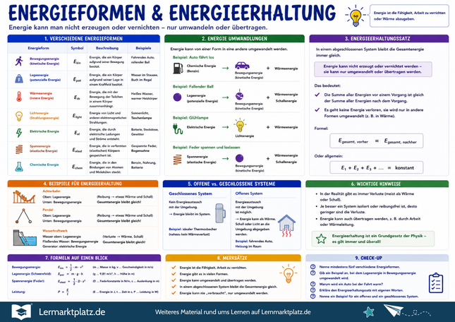 Energieformen & Energieerhaltung verstehen – Energie erkennen, umwandeln & erhalten – Lernposter / Lernplakat als PDF