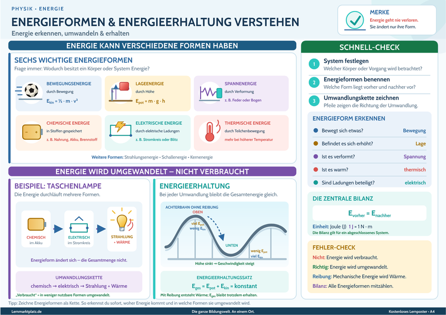 Energieformen & Energieerhaltung verstehen – Energie erkennen, umwandeln & erhalten – Lernposter / Lernplakat als PDF