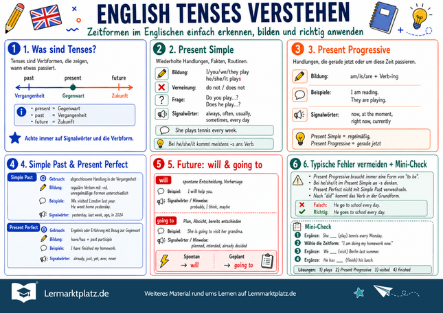Englisch Tenses verstehen – Zeitformen erkennen, bilden & anwenden – Lernposter / Lernplakat als PDF