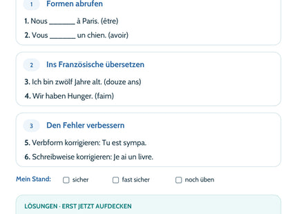 Französisch-Lernkarte être und avoir: sechs Aufgaben, Lösungen und Selbsteinschätzung