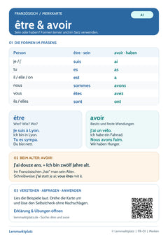 Französisch Lernkarte: être und avoir im Präsens – mit Selbstcheck (PDF)