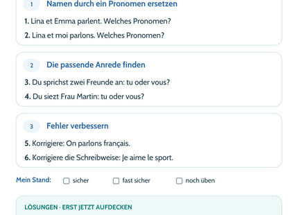 Französisch-Lernkarte Personalpronomen: sechs Aufgaben, Lösungen und Selbsteinschätzung