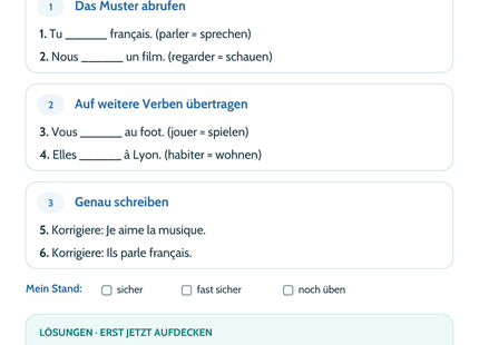 Französisch-Lernkarte Verben auf -er: sechs Aufgaben, Lösungen und Selbsteinschätzung