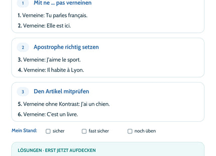 Französisch-Lernkarte ne … pas: sechs Aufgaben, Lösungen und Selbsteinschätzung