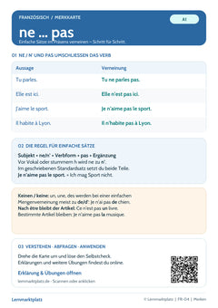 Französisch Lernkarte: Verneinung mit ne … pas – Regeln und Selbstcheck (PDF)