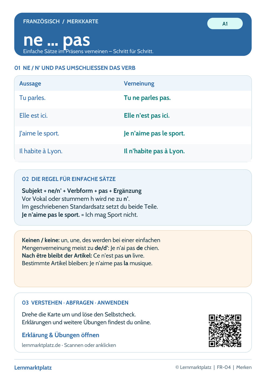 Französisch-Lernkarte ne … pas: Merkübersicht, Beispiele und QR-Code