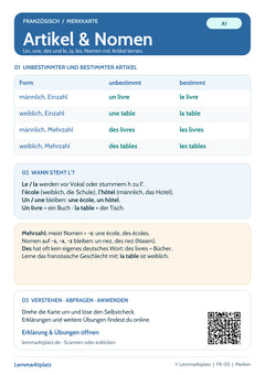 Französisch Lernkarte: Artikel und Nomen – Singular und Plural (PDF)