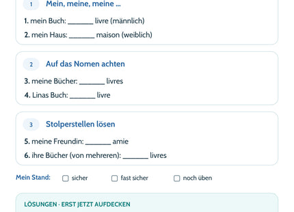 Französisch Lernkarte Possessivbegleiter: Selbstcheck mit sechs Aufgaben und Lösungen