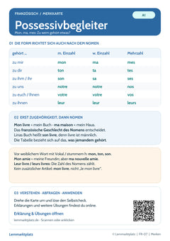 Französisch Lernkarte: Possessivbegleiter – mon, ma, mes und mehr (PDF)