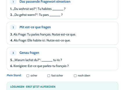 Französisch Lernkarte Fragen stellen: Selbstcheck mit sechs Aufgaben und Lösungen