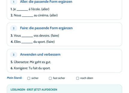 Französisch-Lernkarte aller & faire: Selbstcheck mit sechs Aufgaben und Lösungen