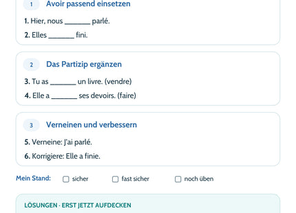 Französisch-Lernkarte Passé composé: Selbstcheck mit sechs Aufgaben und Lösungen