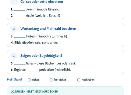Französisch Lernkarte: Demonstrativbegleiter – ce, cet, cette, ces – Selbstcheck mit sechs Aufgaben und Lösungen