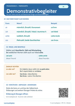 Französisch Lernkarte: Demonstrativbegleiter – ce, cet, cette, ces (PDF)