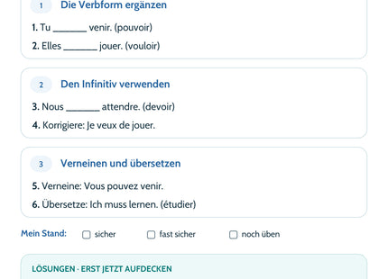 Französisch Lernkarte: pouvoir, vouloir und devoir im Präsens – Selbstcheck mit sechs Aufgaben und Lösungen
