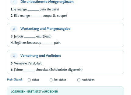 Französisch Lernkarte: Teilungsartikel und Mengenangaben – Selbstcheck mit sechs Aufgaben und Lösungen
