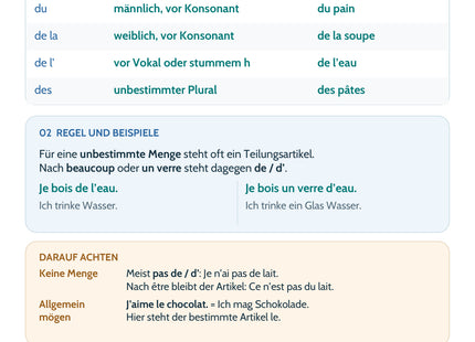 Französisch Lernkarte: Teilungsartikel und Mengenangaben – Merkübersicht, Regeln und Beispiele