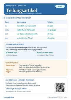 Französisch Lernkarte: Teilungsartikel und Mengenangaben (PDF)