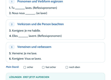 Französisch Lernkarte: Reflexive Verben im Präsens – Selbstcheck mit sechs Aufgaben und Lösungen