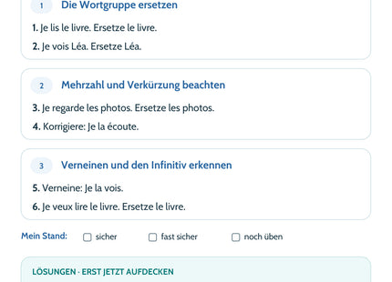 Französisch Lernkarte: Direkte Objektpronomen – Selbstcheck mit sechs Aufgaben und Lösungen