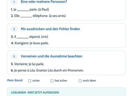Französisch Lernkarte: Indirekte Objektpronomen – Selbstcheck mit sechs Aufgaben und Lösungen